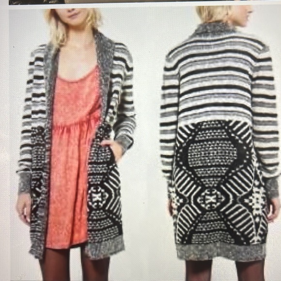 ECOTE Open Front Cardigan Black, Cream & Grey Patterned Size M - Picture 1 of 15